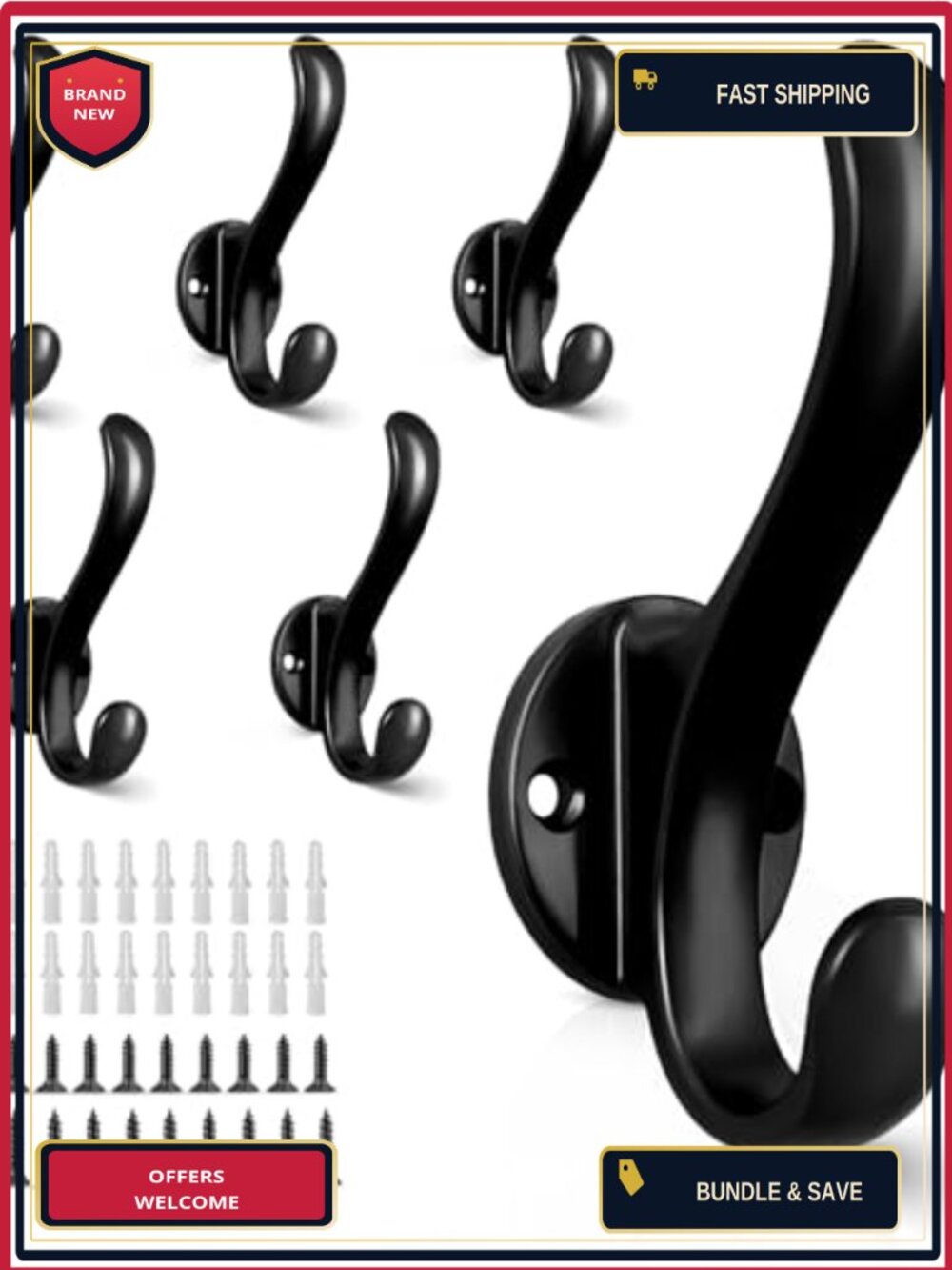 Heavy Duty Aluminum Double Coat Hooks Wall Mount 6 Pack, Retro Towel Hat Scarf